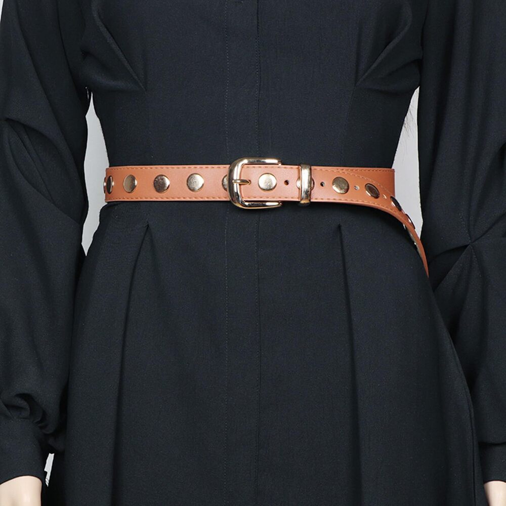 7131 Women Trend Y2k Studded Pu Leather Belt Solid Color Shiny Buckle Waist - Picture 4 of 7